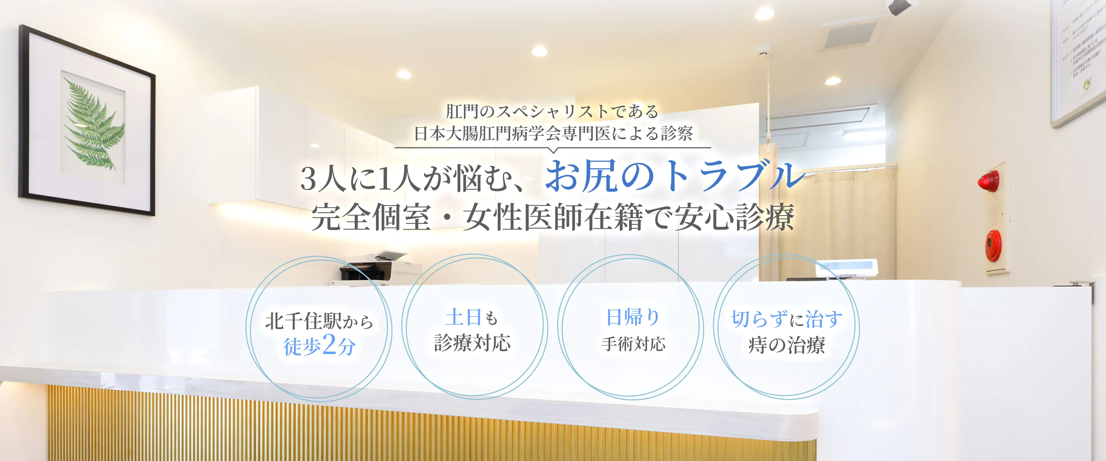 肛門のスペシャリストである日本大腸肛門病学会専門医による診察 3人に1人が悩む、お尻のトラブル 完全個室・女性医師在籍で安心診療