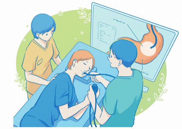 大腸内視鏡検査を受ける患者と検査中の医師のイラスト