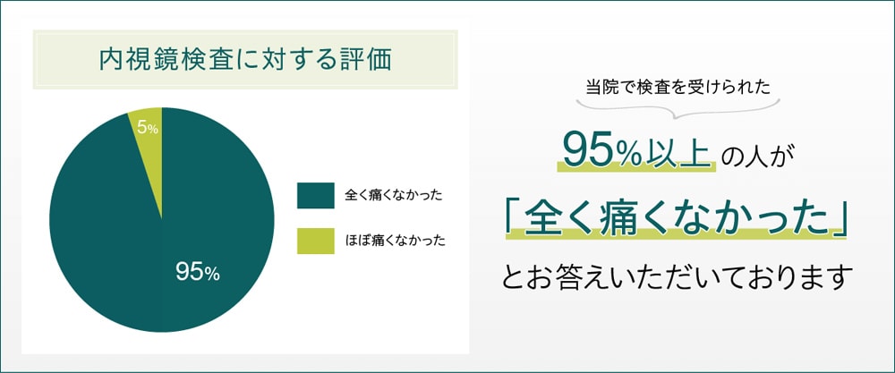 内視鏡検査に対する評価 当院で検査を受けられた95%以上の人が「全く痛くなかった」とお答えいただいております