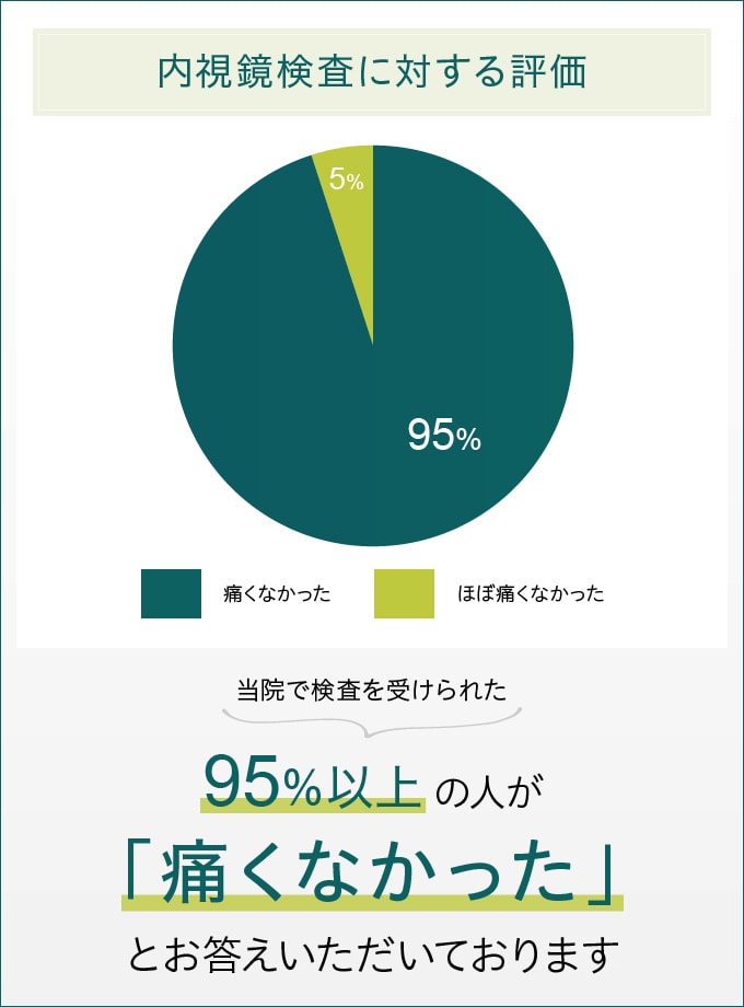 内視鏡検査に対する評価 当院で検査を受けられた95%以上の人が「全く痛くなかった」とお答えいただいております